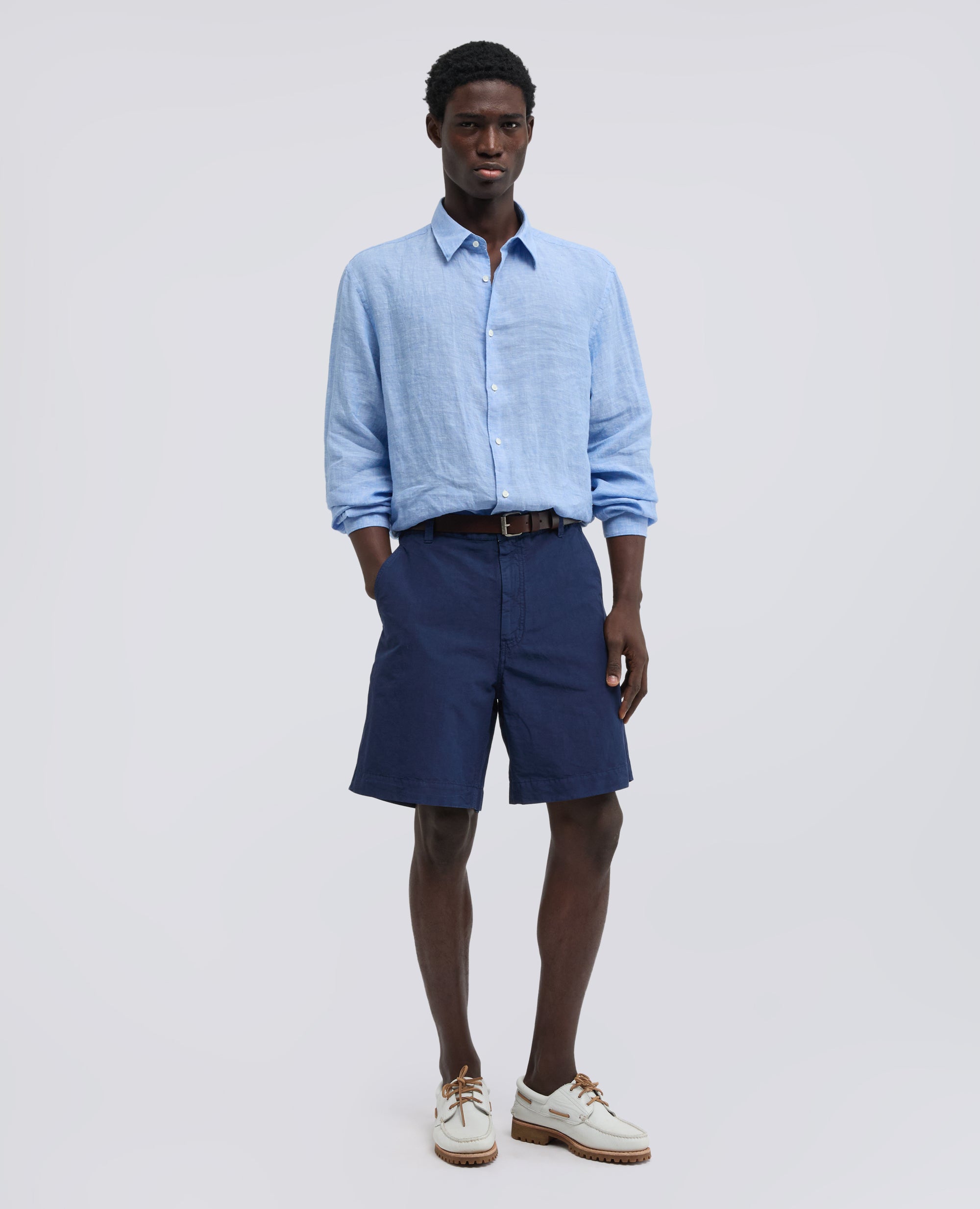 PANTALONES CORTOS BERMUDAS DE ALGODON Y LINO - BLU - ASPESI