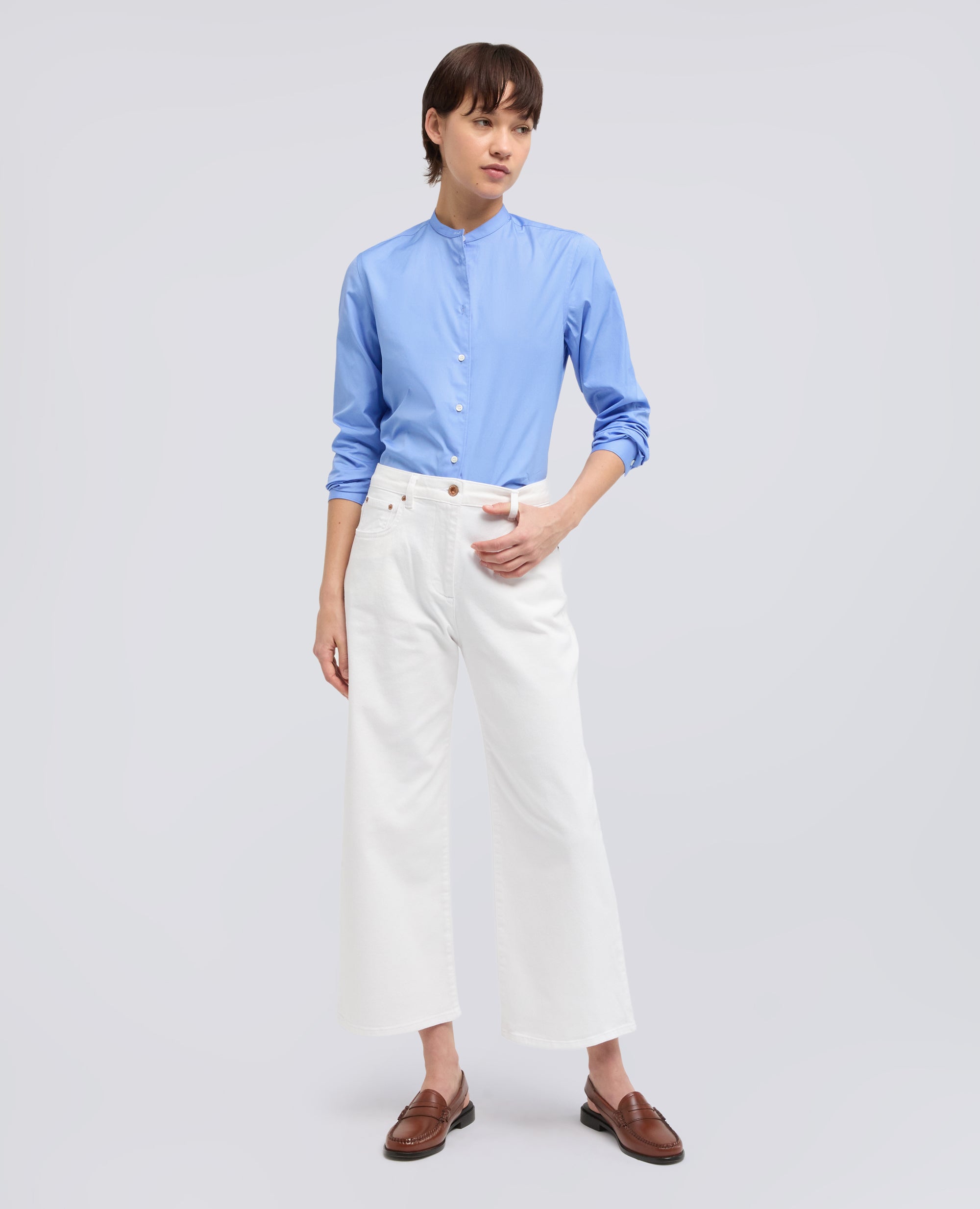 CAMICIA CLASSICA IN POPELINE DI COTONE CON COLLO ALLA COREANA - AZZURRO - ASPESI