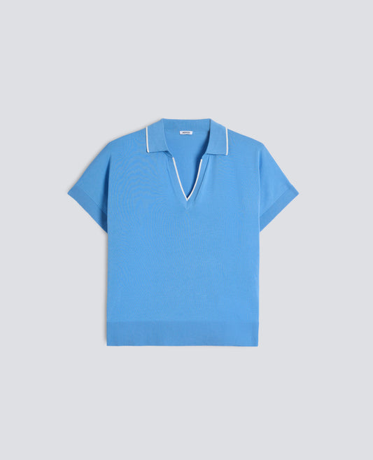 PULL ACOL EN V AVEC COL EN FIL DE COTON PUR - AZZURRO - ASPESI