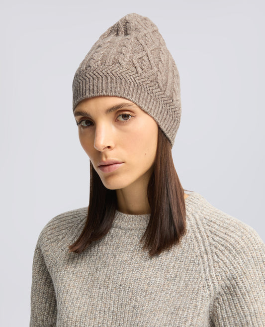 WOOL AND YAK BEANIE WITH CABLE AND ARGYLE KNIT - BEIGE - ASPESI